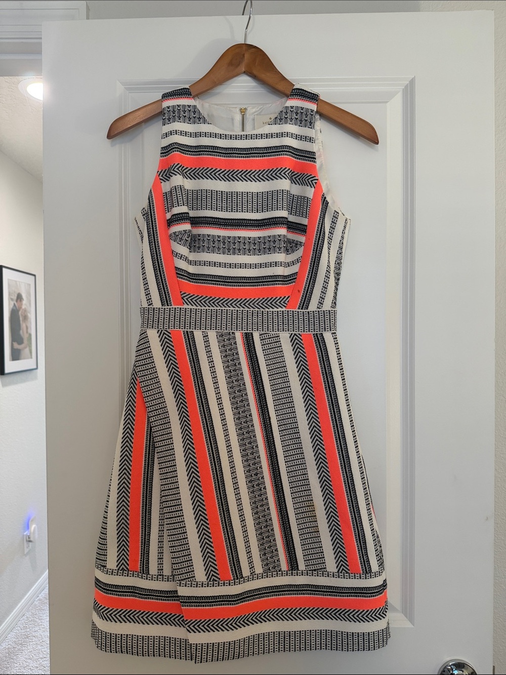 Kate Spade jacquard white, Black & Coral Striped Fit and Flare Mini Dress size 0